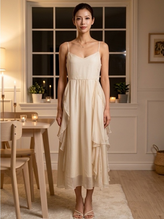 Unbranded Dresses & Skirts - 2177 - Elegant Cream Chiffon Spaghetti Strap Dress